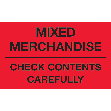 3 x 5" - "Mixed Merchandise - Check Contents Carefully" (Fluorescent Red) Labels
